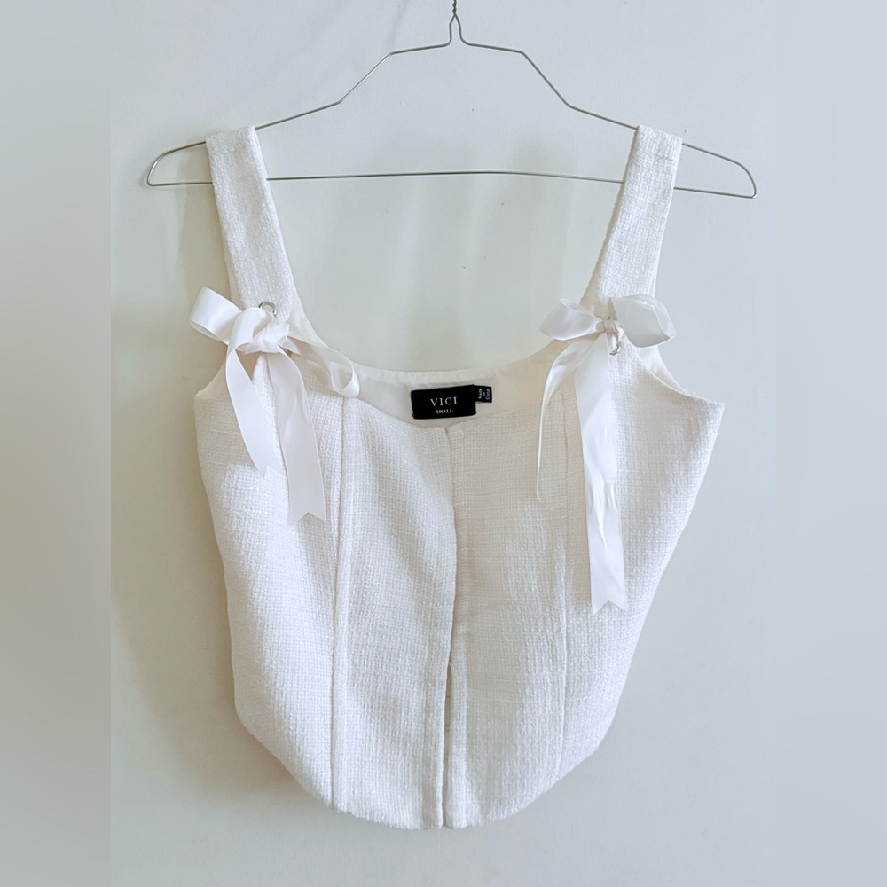 Vici Ivory Textured Blouse with Ribbon Accents